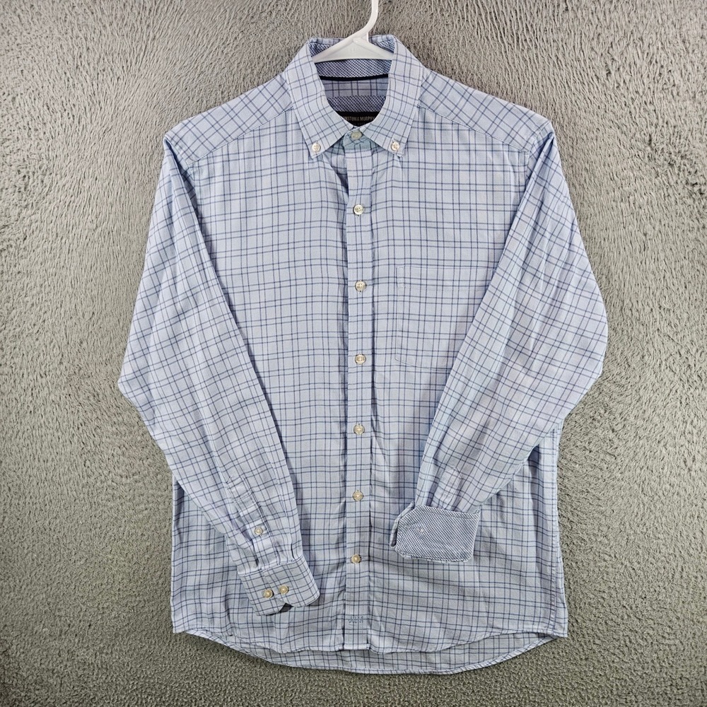 Johnston & Murphy Mens Small Blue Grid Cotton‎ Button Down Shirt